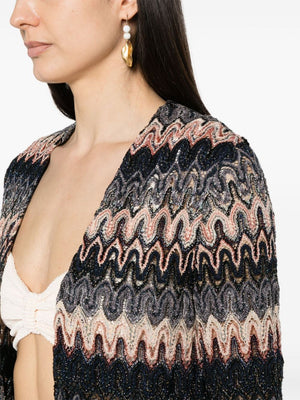 MISSONI Signature Zigzag Long Cardigan in Black with Multicolour Thread and Crochet Knit for Women