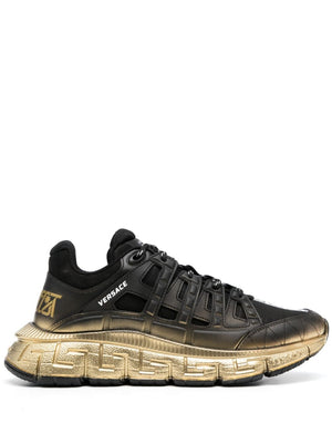Men's Black Leather Sneakers with Greek Detailing by Versace