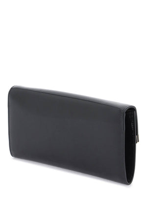 Black Patent Leather Asymmetrical Flap Clutch with Gold Trim and Chain Strap