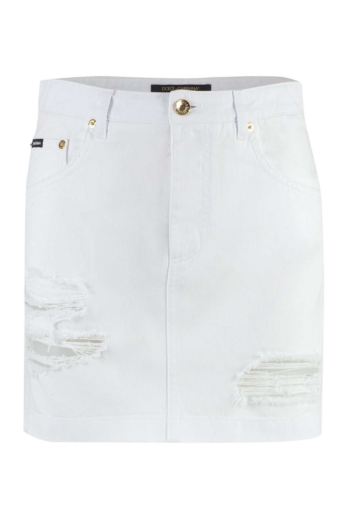 DOLCE & GABBANA Distressed Denim Mini Skirt with Metal Buttons and Rivets for Women, FW23 Collection