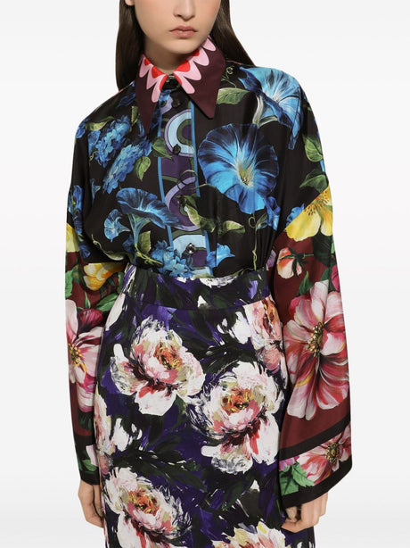 DOLCE & GABBANA Floral Print Silk Shirt with Drop Shoulder and Wide Sleeves