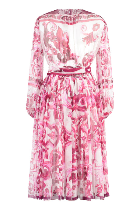 DOLCE & GABBANA Feminine Pink Chiffon Dress with Maiolica Print and Coordinated Waist Belt