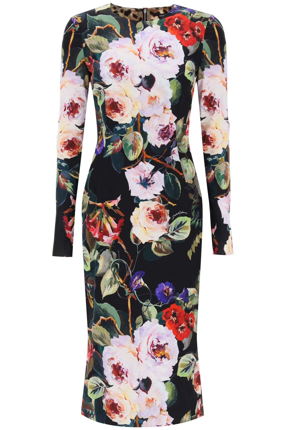 Floral Print Long-Sleeve Pencil Dress in Black Silk with Leopard Print Lining