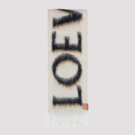 LOEWE Gray Wool & Mohair Scarf with Fringed Edges & Embossed Leather Tab
