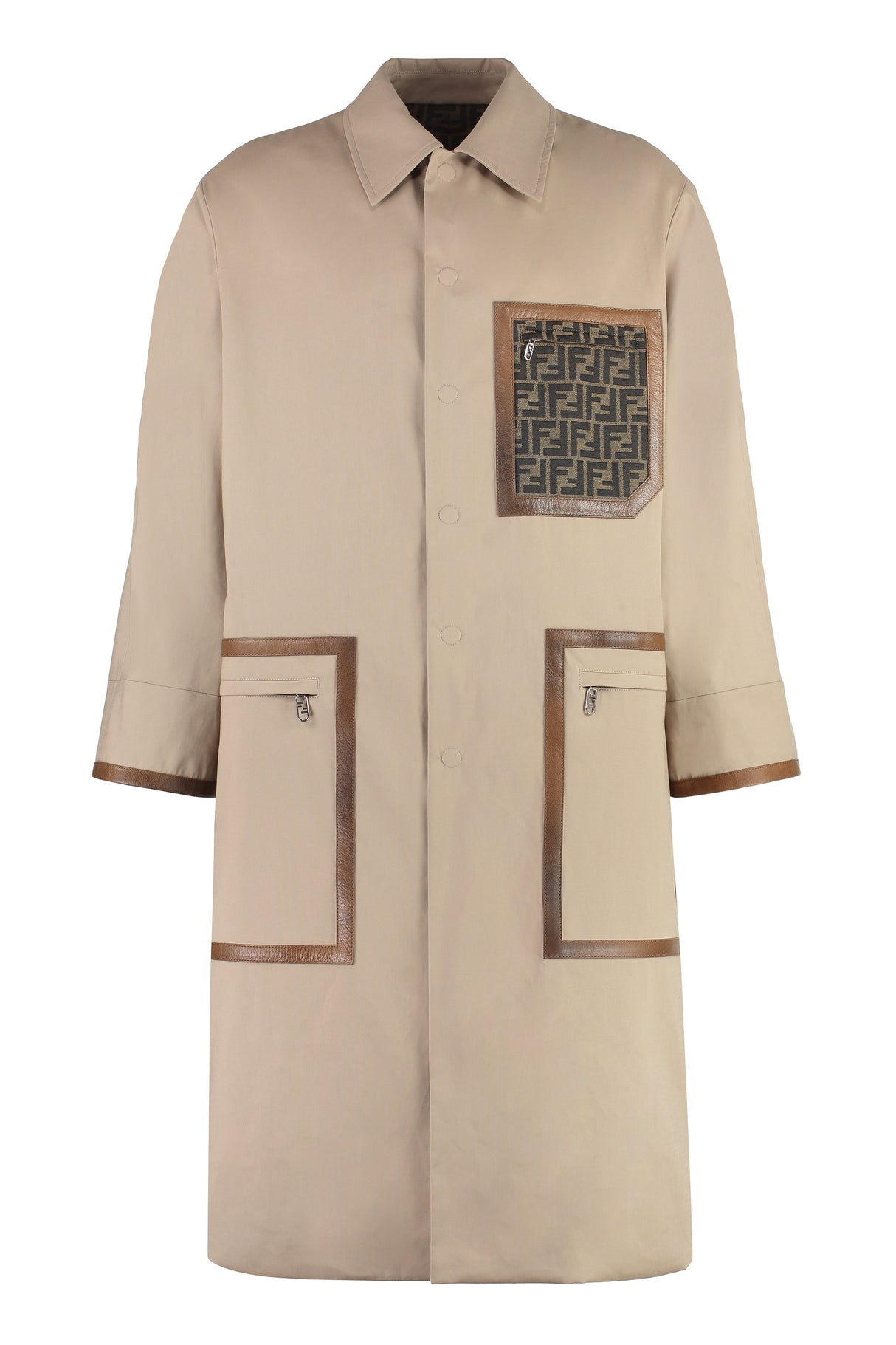 リバーシブルトレンチジャケット - メンズ用、ベージュレザーのディテイル、FFジャカード裏地、バックスリットの裾