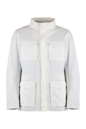 メンズ コットンジャケット 白色：ウエスト調整可、フード付き、肩章 SS24用