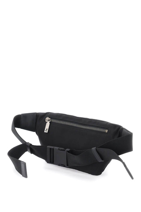 Túi đeo hông nam vải Nylon màu đen với họa tiết logo biểu tượng và chi tiết da