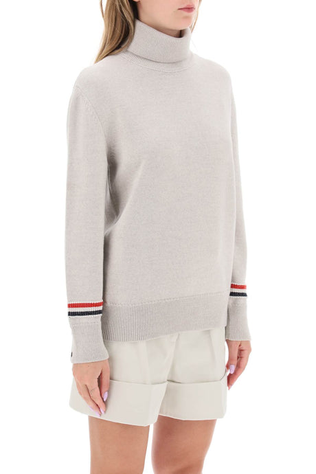 THOM BROWNE Gray Wool Turtleneck Sweater with Striped Detail for Women