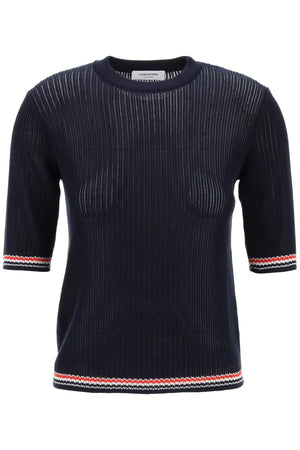 Blue Pointelle-Knit T-Shirt with Tricolor Striped Trims