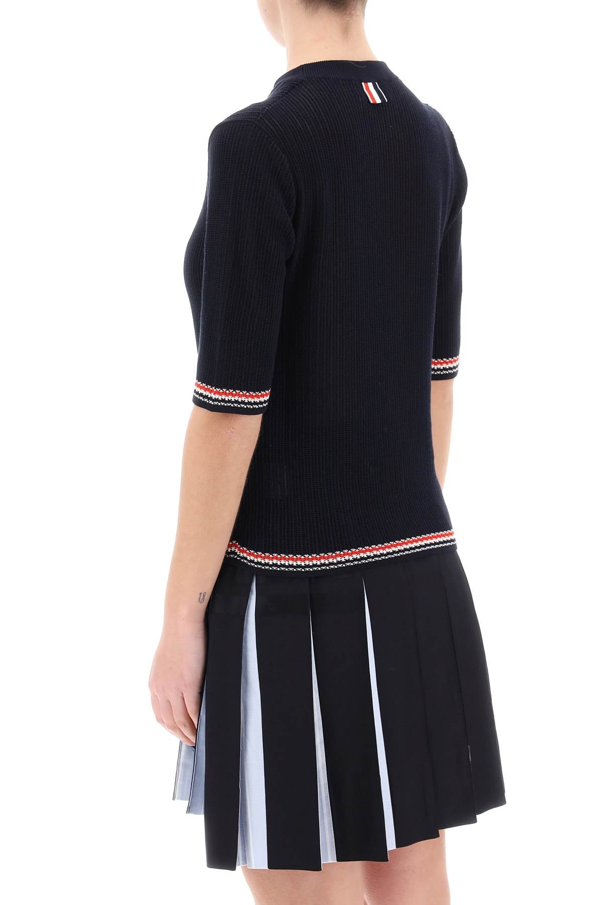 THOM BROWNE Navy Pointelle-Knit T-Shirt for Women's SS24 Collection