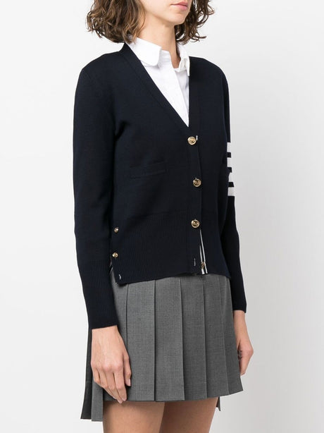 THOM BROWNE Navy Tri-Color Merino Wool Cardigan with Signature Stripes