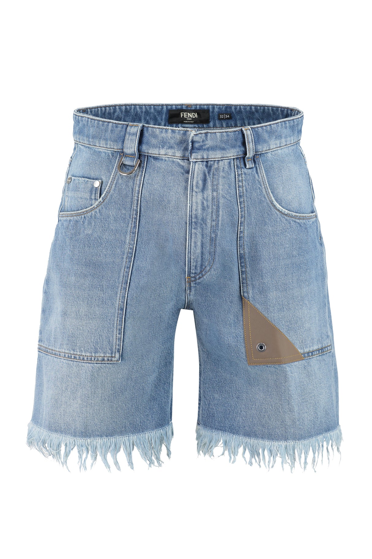 FENDI Men's Blue Denim Shorts with Leather Details and Frayed Hem