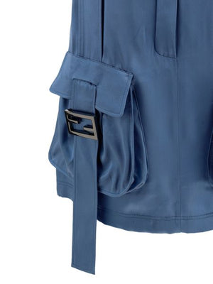 パウダーブルーサテンスカート - 女性用カーゴポケット付きショートスカート