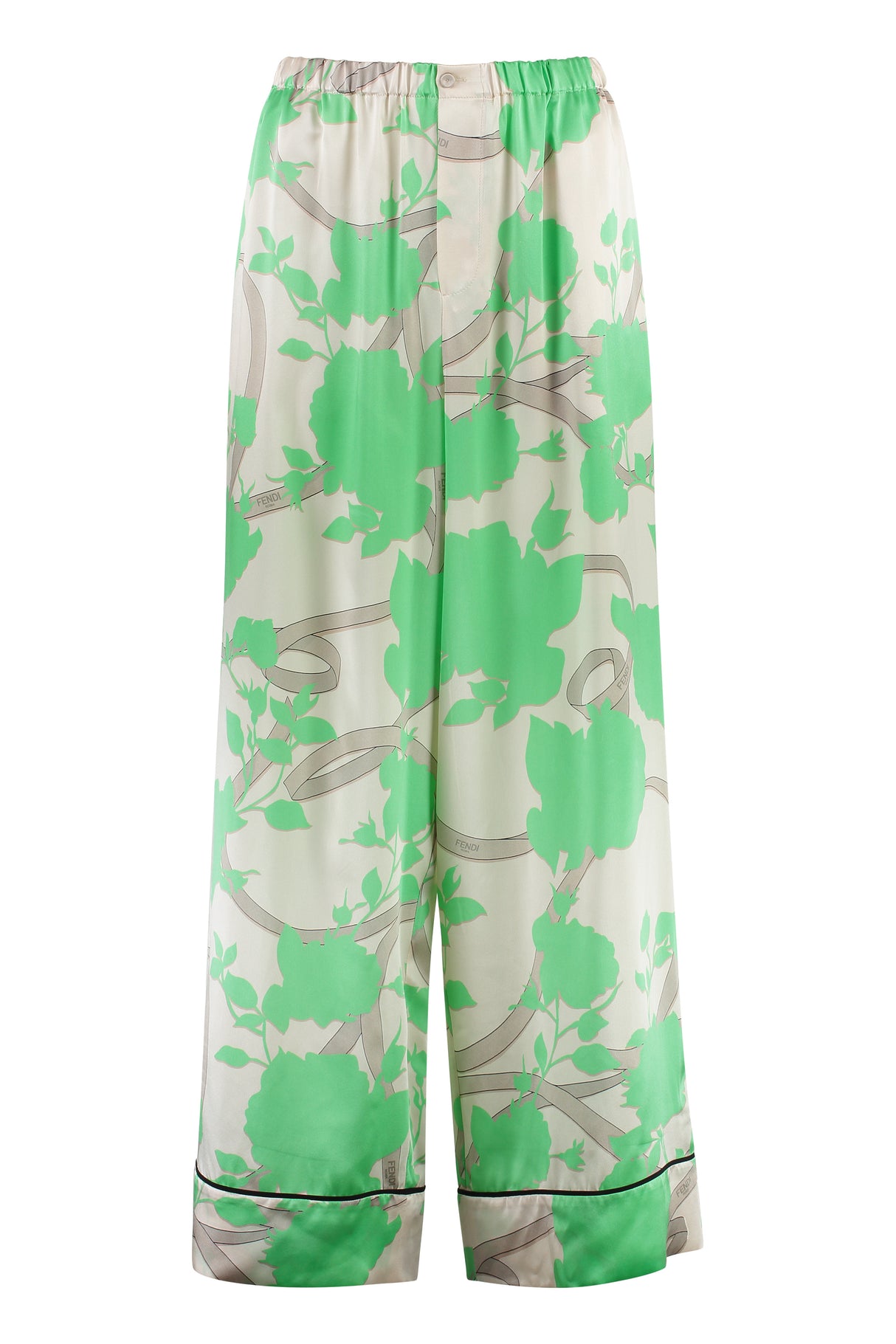 Floral Print Silk Trousers with Contrast Piping - Beige