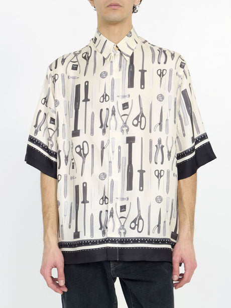 Men's White Silk Shirt with Fendi Tools Print