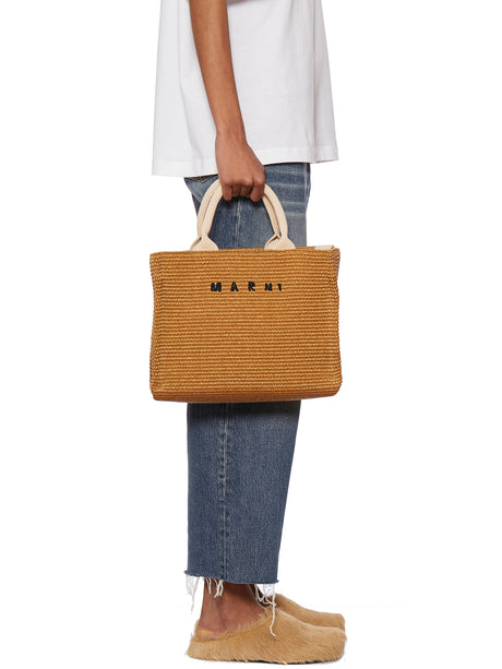 MARNI Women's Small Brown Raffia Tote Handbag with Cotton Ribbon Handles and Shoulder Strap, Embroidered Logo, 31cm x 25cm