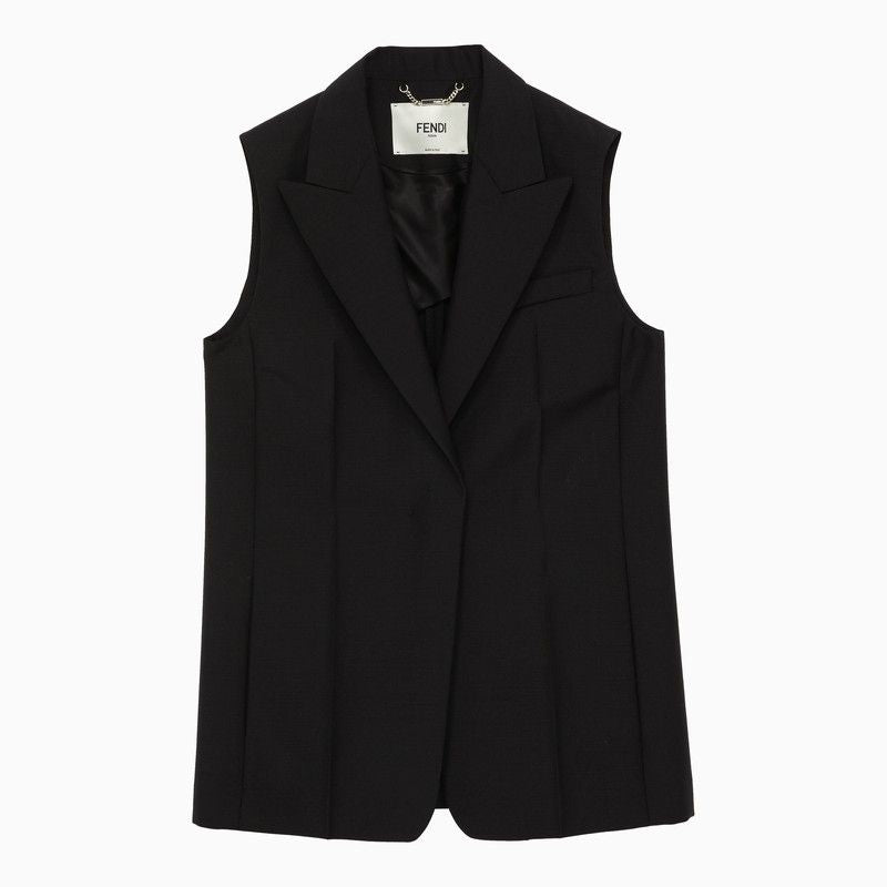 女士黑色羊毛摩海尔背心 SS24系列 - 奢华且精致的外套
