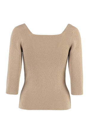 FENDI Tan Ribbed Knit Top with Squared Neckline and Logo Intarsia - SS23