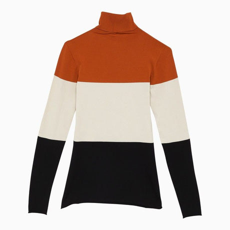 FENDI Striped Sweater with Stand Up Collar and Front Logo Intarsia