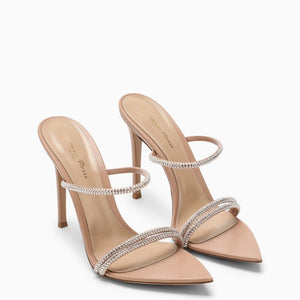 女性桃色皮革凉鞋 - 闪亮水晶饰带，尖头设计，皮革鞋底