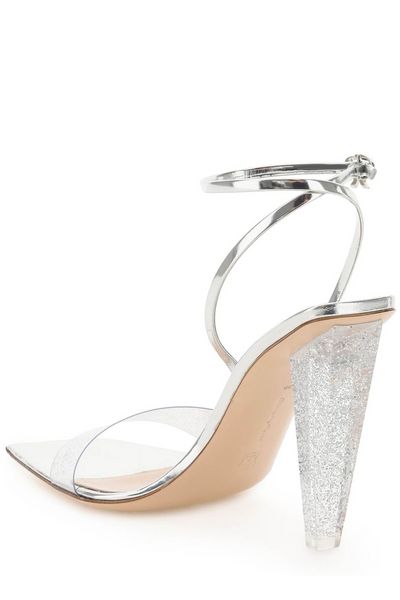 GIANVITO ROSSI Silver Graphic-Heel Sandals with Plexi Upper and Patent Leather Straps