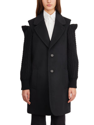 黑色羊毛长袖女士外套-开肩前口袋钮扣
