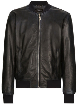 Midnight Blue Nappa Zip-Up Leather Bomber Jacket for Men