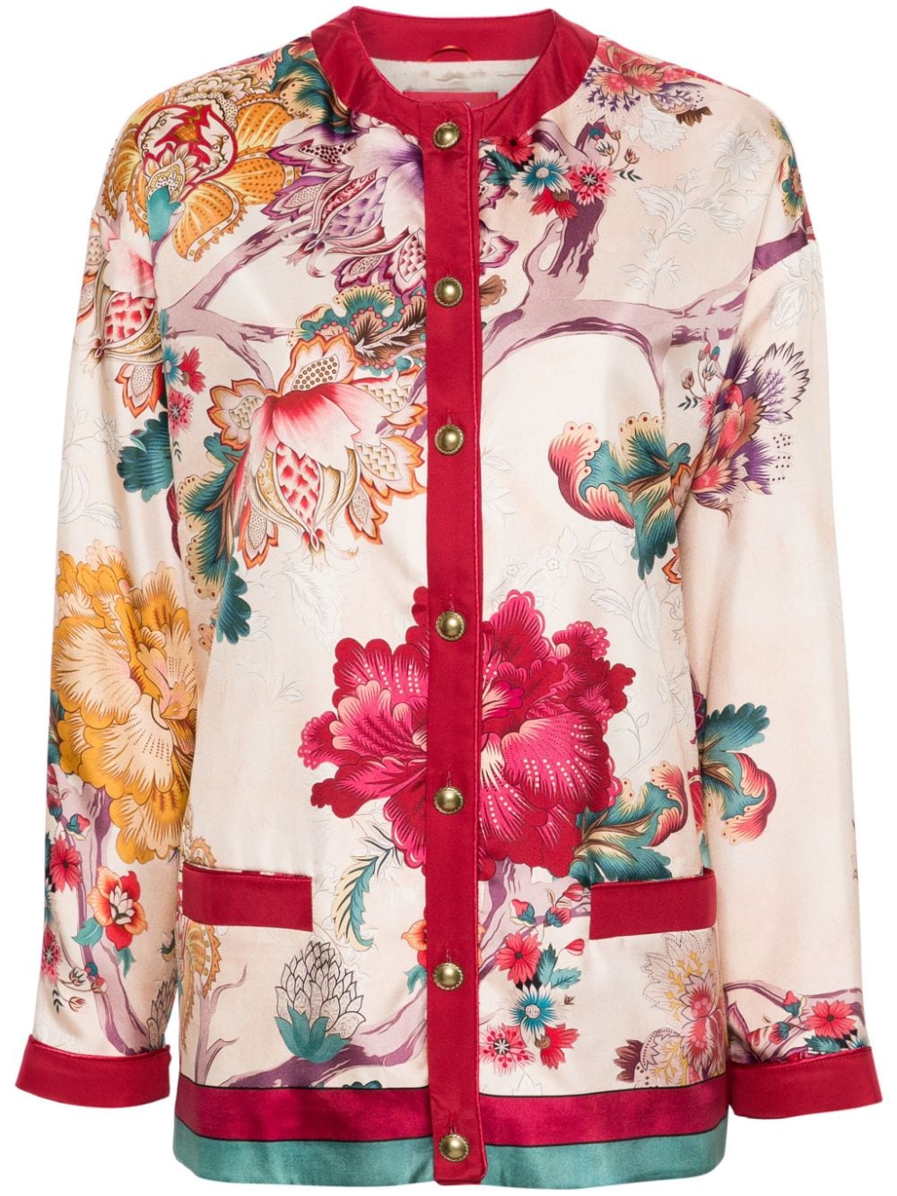 Áo khoác nữ đính hoa silk màu hồng - SS24