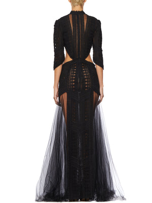 ELISABETTA FRANCHI Elegant Black Lace and Tulle Dress for the Red Carpet