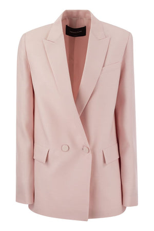 永恒优雅的粉色双排扣女装精纺羊毛丝绸外套