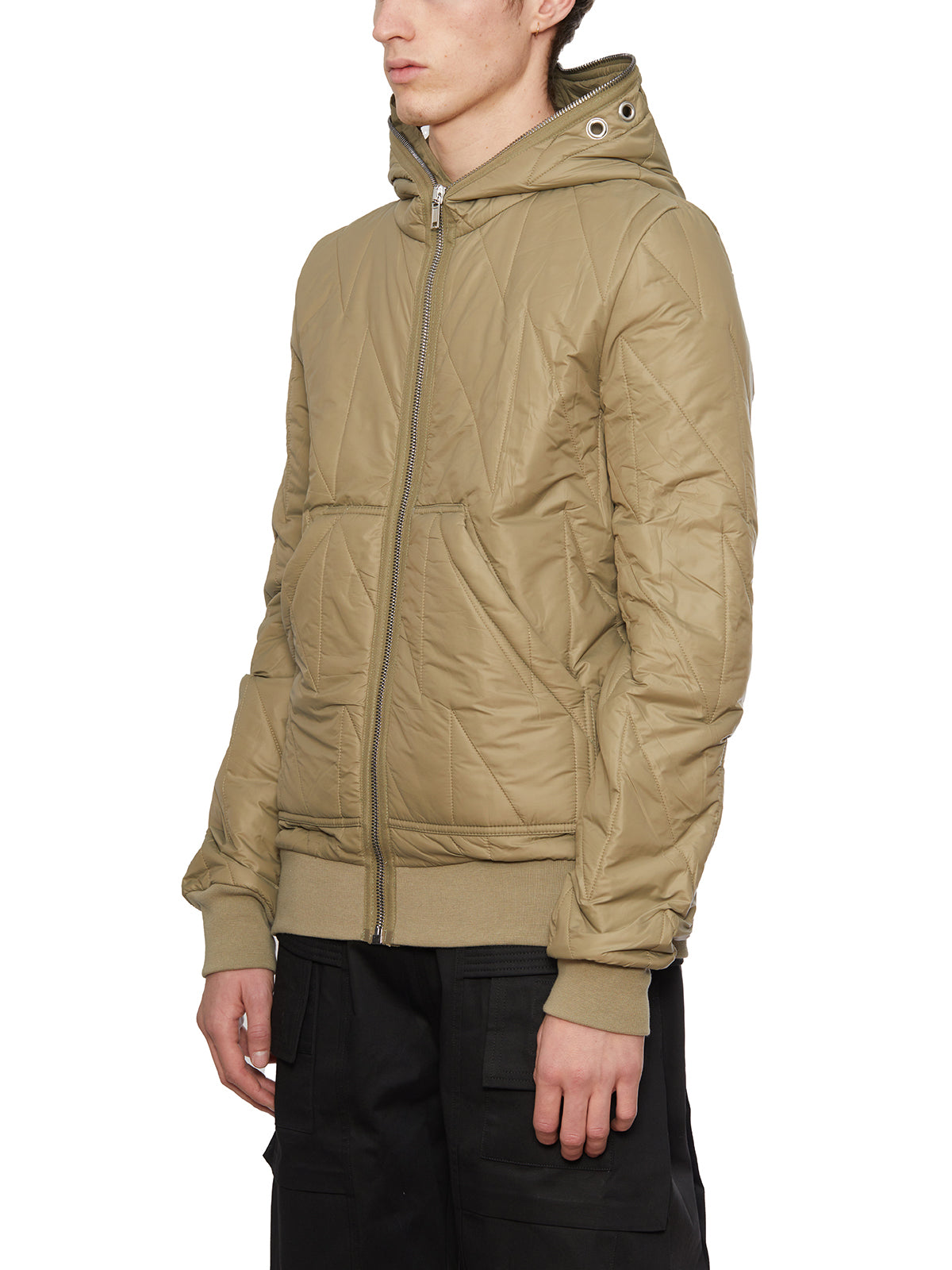 Green Bomber Jacket with Hood and Ribbed Trims for Men
