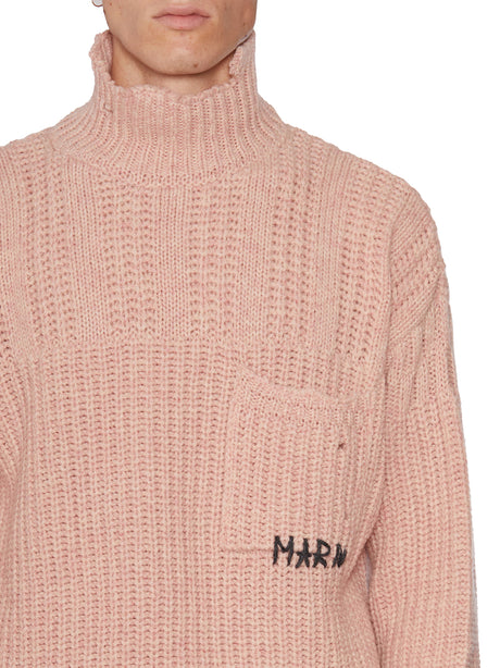 MARNI Soft Men's Wool Pullover with Distressed Details and Hand-Embroidered Writing
