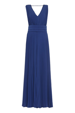 Blue Pleated Jumpsuit with Deep V-Neck and Coordinated Waist Belt