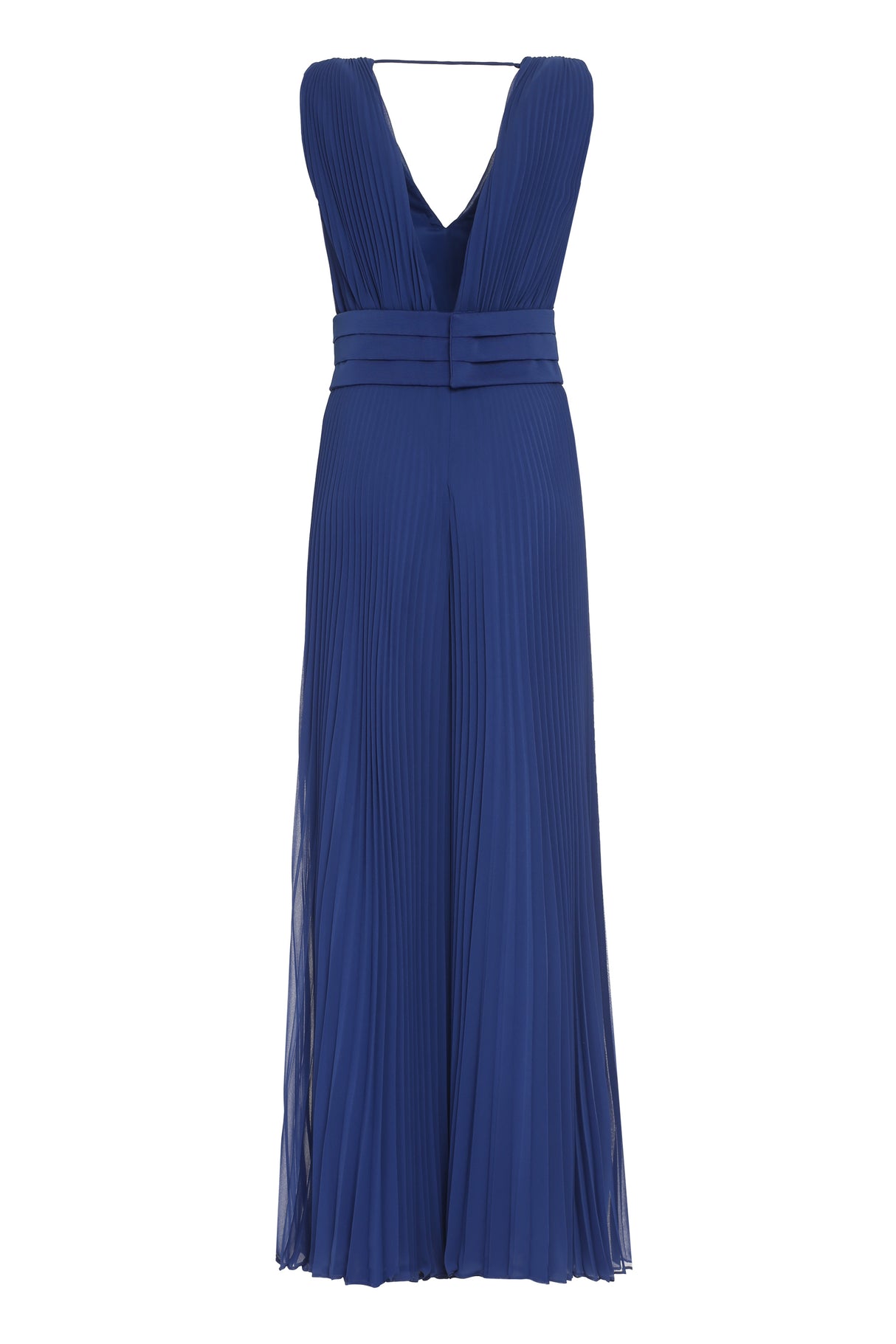 Blue Pleated Jumpsuit with Deep V-Neck and Coordinated Waist Belt