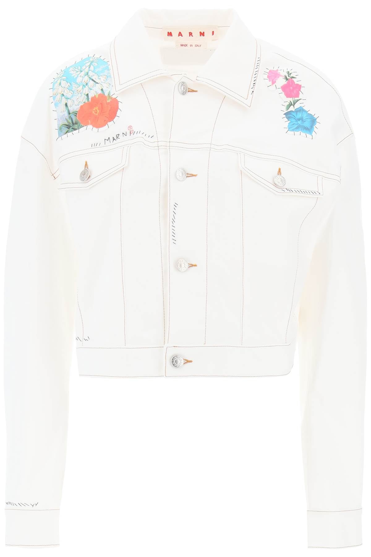 MARNI White Cropped Denim Jacket with Flower Patches and Embroidery for Women