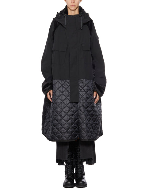 Black Quilted Double Texture Jacket with Drawstring Hoodie for Women