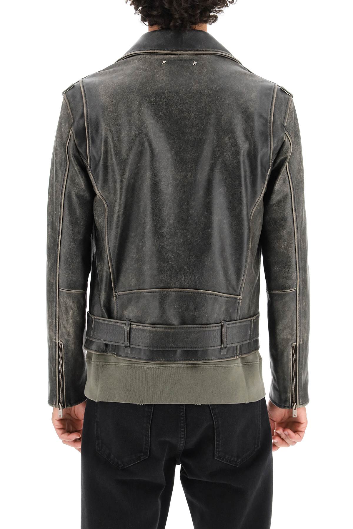 Vintage-Effect Leather Biker Jacket for Men by Golden Goose
