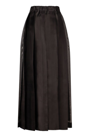Chân váy lụa đen dáng midi với phần thắt đai co giãn và chi tiết xếp ly cho nữ