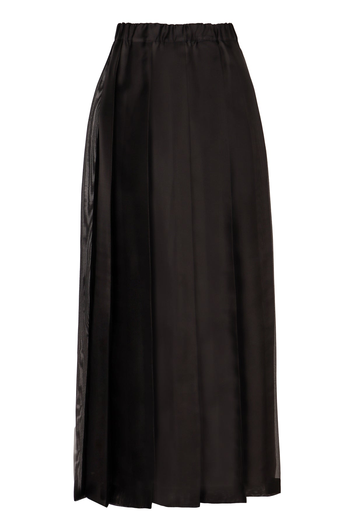 Chân váy lụa đen dáng midi với phần thắt đai co giãn và chi tiết xếp ly cho nữ