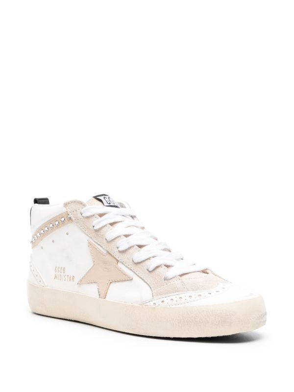 Distressed White Leather Sneakers with Swarovski Crystals for Women