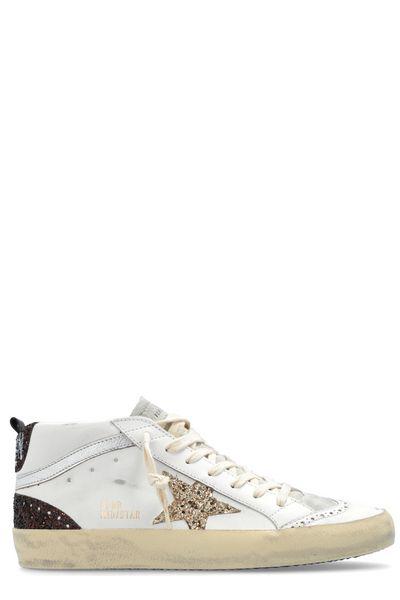 GOLDEN GOOSE Golden Mid Star Women's Sneakers in White, Ice, Gold, and Brown