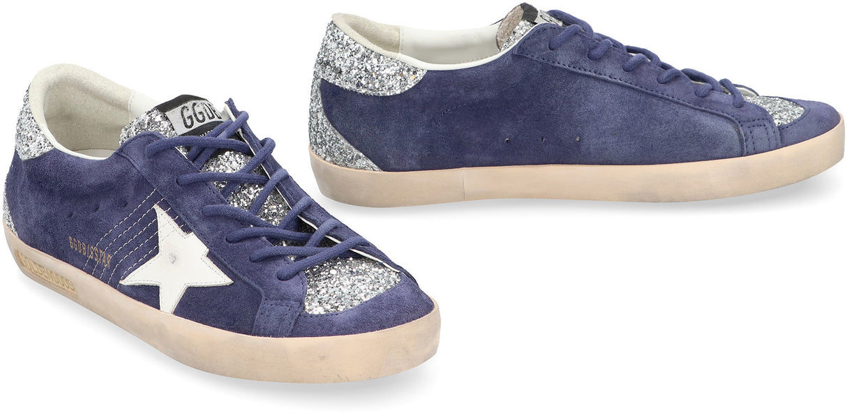 Blue Suede Low Top Trainers with Rhinestone Inserts and Iconic Star for Women