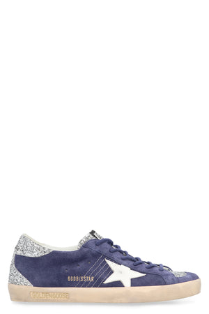 Blue Suede Low Top Trainers with Rhinestone Inserts and Iconic Star for Women