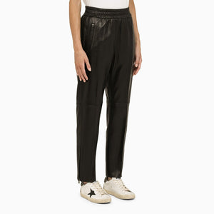 GOLDEN GOOSE Black Leather Pants with Stretch Waistband and Zippers on Hem for Women