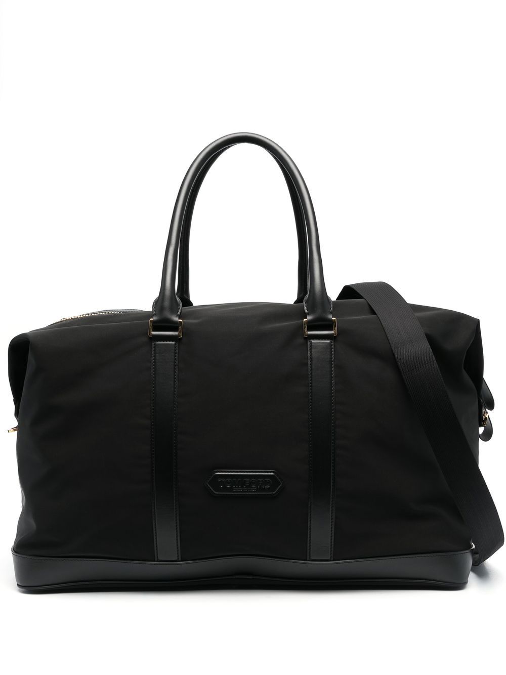 Black Leather Duffel Handbag for Men with Logo Detail