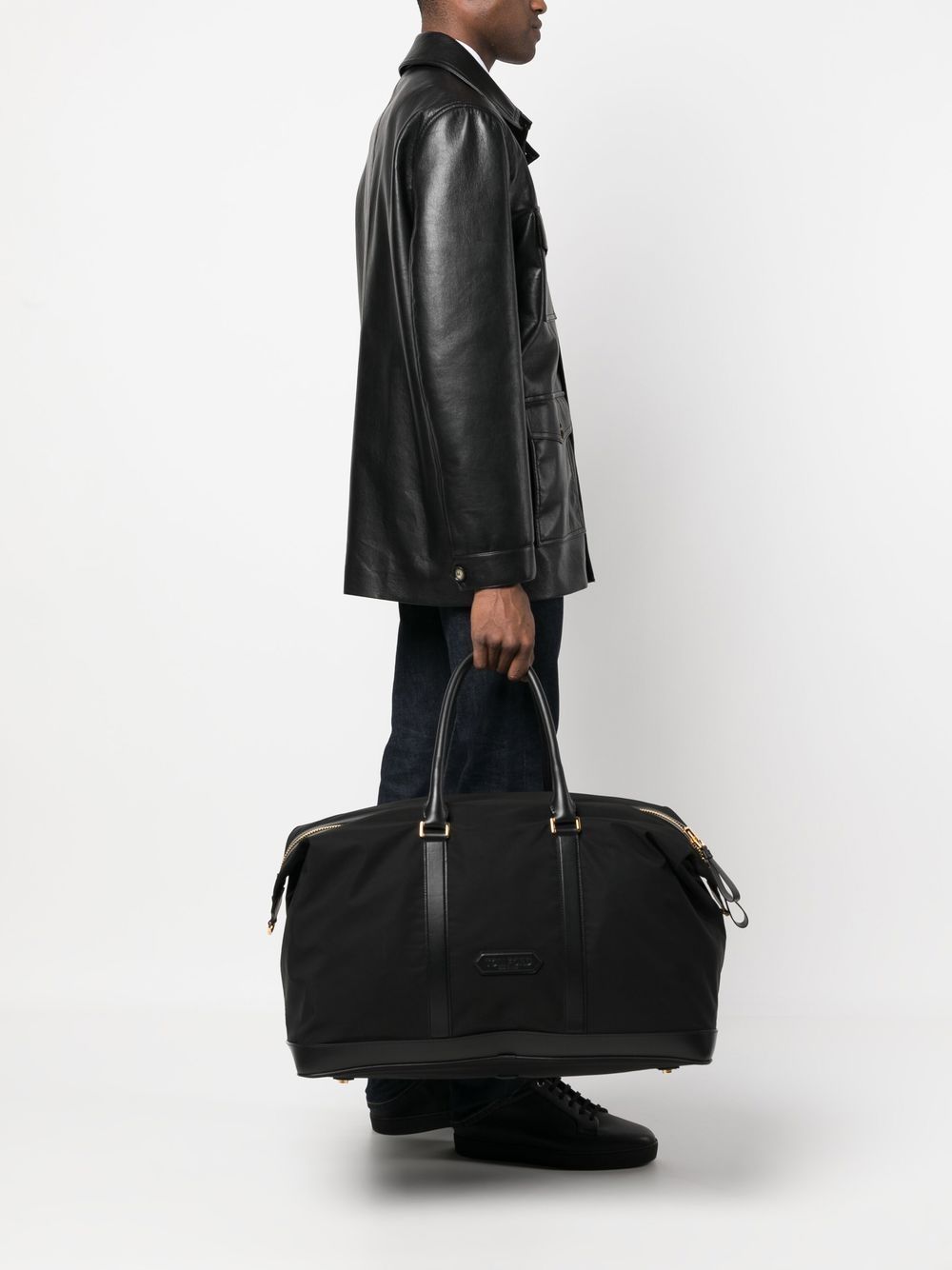 Black Leather Duffel Handbag for Men with Logo Detail