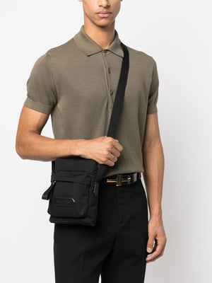 Black Leather Raffia Messenger Handbag for Men