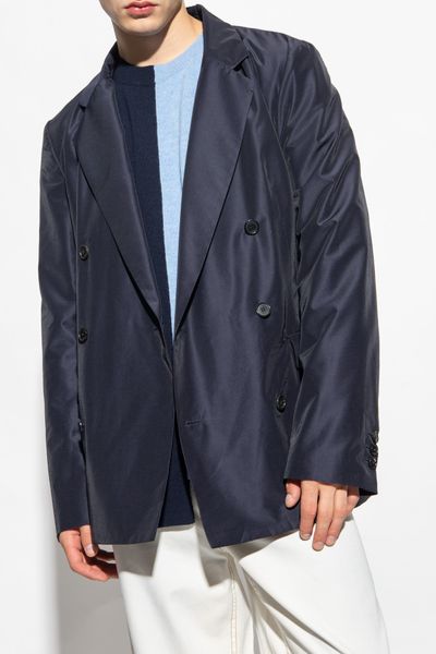 LOEWE Double Breasted Leather & Raffia Jacket in Blue for Men