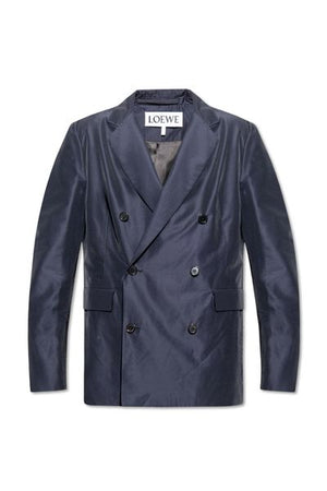 LOEWE Double Breasted Leather & Raffia Jacket in Blue for Men