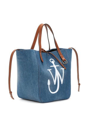 Túi Tote màu xanh denim dành cho nữ với logo màu lạc đà và điểm nhấn màu trắng